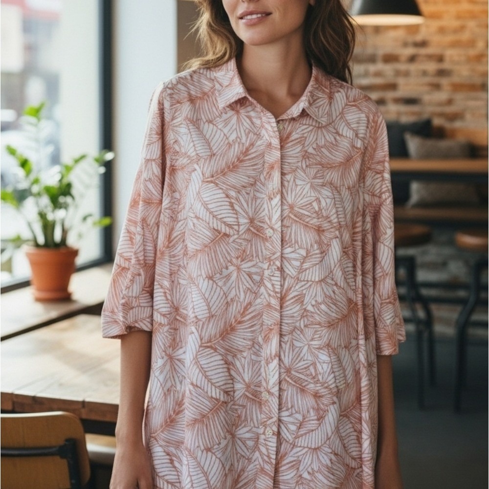 Jessica London Womens Linen Blend Button Front Tunic Shirt Plus Sz 18 Botanical